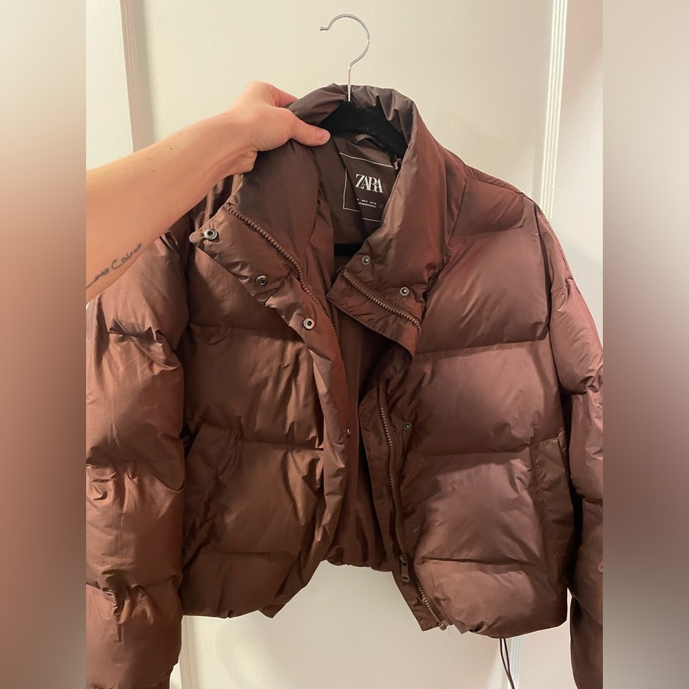 Zara Cropped Puffer Jacket With Drawstring Brown Small